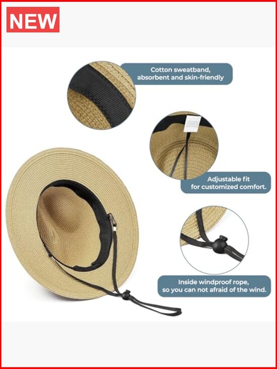 Straw Fedora Hat Unisex Wide Brim UPF 50+ Sun Protection Beach Summer Travel main image 4